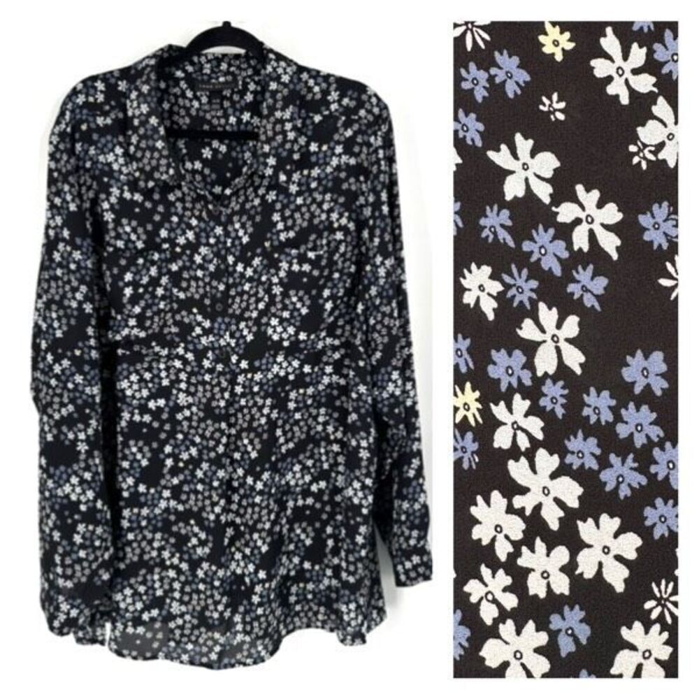 Lane Bryant Womens Floral Roll Tab Long Sleeve Button Down Blouse Black Size 3XL